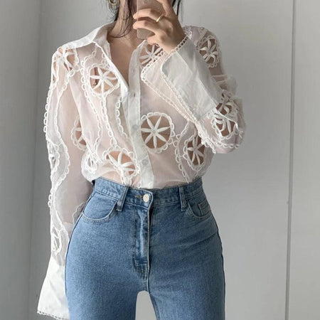 Milan Eyelet Blouse In White - front shot on model, white - Miss Mosa By Akanksha