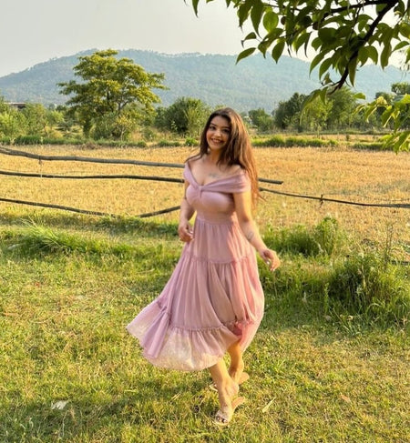 Milan Luxury Dress In Lilac - lifestyle shot on model, pink - Miss Mosa By Akanksha