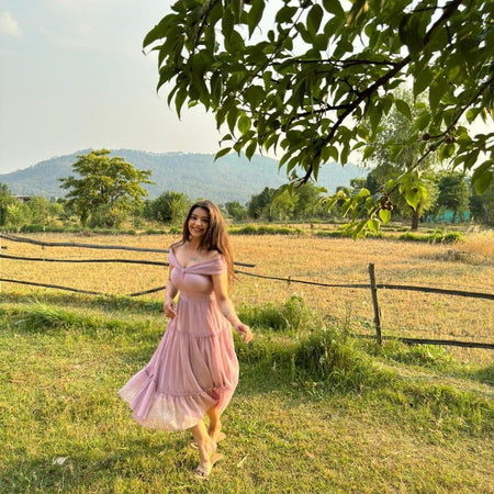 Milan Luxury Dress In Lilac - lifestyle shot on model, pink - Miss Mosa By Akanksha