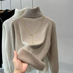 Milano Fleece Lined Turtleneck Sweater - flat-lay product shot, beige - Miss Mosa By Akanksha