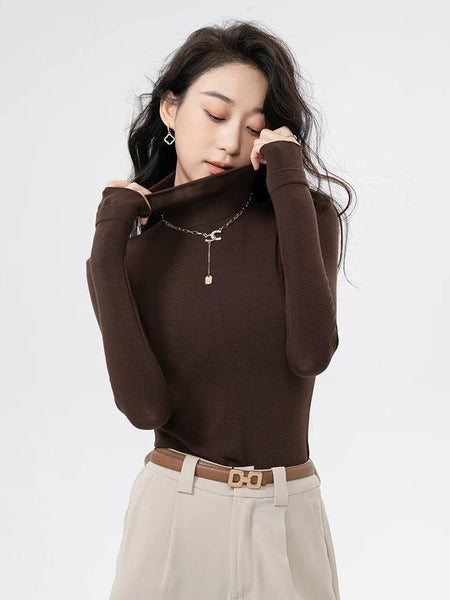 Milano Fleece Lined Turtleneck Sweater - front shot on model, brown - Miss Mosa By Akanksha