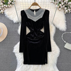 Milena Pearl Velvet Mini Dress - flat-lay product shot, black - Miss Mosa By Akanksha