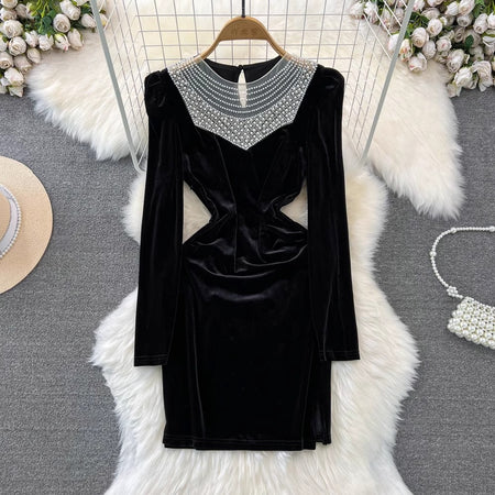 Milena Pearl Velvet Mini Dress - flat-lay product shot, black - Miss Mosa By Akanksha