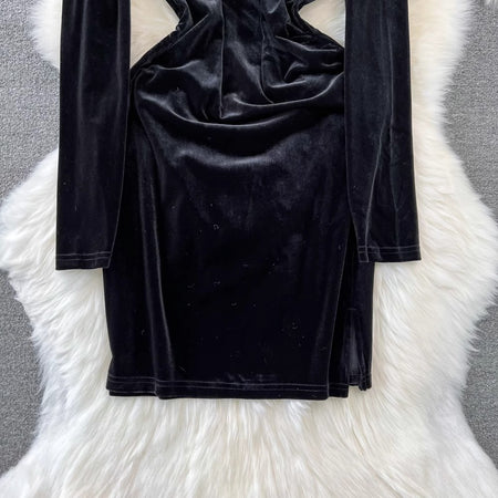 Milena Pearl Velvet Mini Dress - close-up of skirt detail, black - Miss Mosa By Akanksha