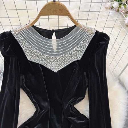 Milena Pearl Velvet Mini Dress - close-up of pearl-beaded yoke detail, black - Miss Mosa By Akanksha