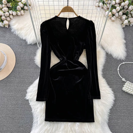 Milena Pearl Velvet Mini Dress - flat-lay back product shot, black - Miss Mosa By Akanksha
