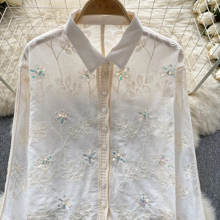 Milo Embroidered Cotton Shirt - close-up of embroidery detail, white - Miss Mosa By Akanksha