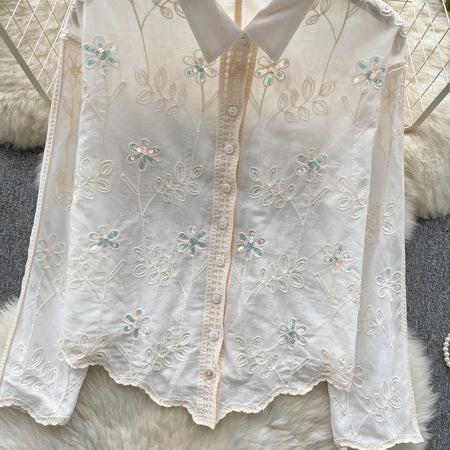 Milo Embroidered Cotton Shirt - close-up of embroidery detail, white - Miss Mosa By Akanksha