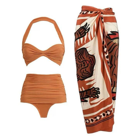 Milo Swimsuit With Sarong Skirt In Brown - flat-lay shot of swimsuit and sarong - Miss Mosa By Akanksha