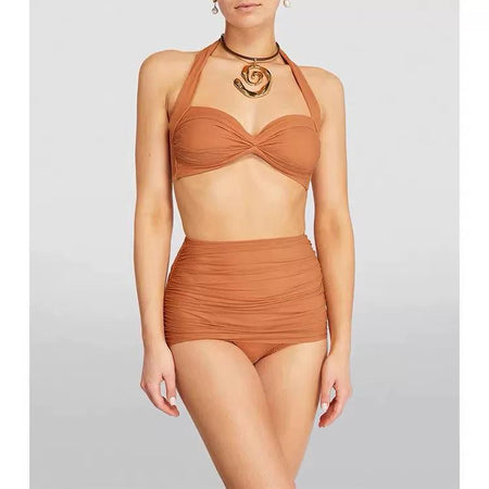 Milo Swimsuit With Sarong Skirt In Brown - front shot on model - Miss Mosa By Akanksha