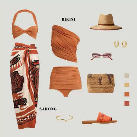 Milo Swimsuit With Sarong Skirt In Brown - flat-lay styling layout - Miss Mosa By Akanksha