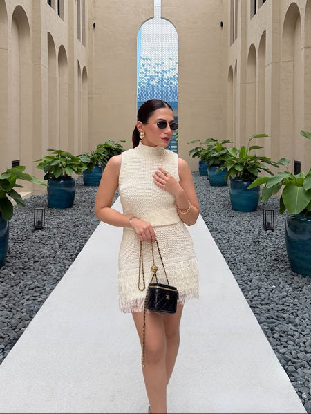 Milos Tasseled Soft Crochet Dress In Beige - full-length front shot on model - Miss Mosa By Akanksha