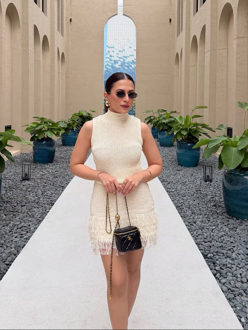 Milos Tasseled Soft Crochet Dress In Beige