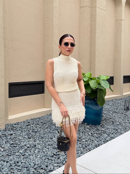 Milos Tasseled Soft Crochet Dress In Beige - full-length side shot on model - Miss Mosa By Akanksha