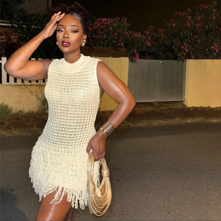 Milos Tasseled Soft Crochet Dress In Beige - front shot on model outdoors - Miss Mosa By Akanksha