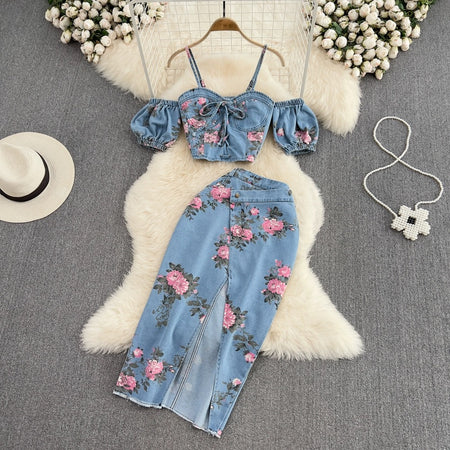 Mimi Denim Floral Co-ord Set - styled flat-lay shot, blue - Miss Mosa By Akanksha