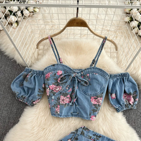 Mimi Denim Floral Co-ord Set - styled flat-lay shot, blue - Miss Mosa By Akanksha