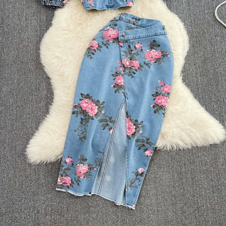 Mimi Denim Floral Co-ord Set - styled flat-lay shot, blue - Miss Mosa By Akanksha