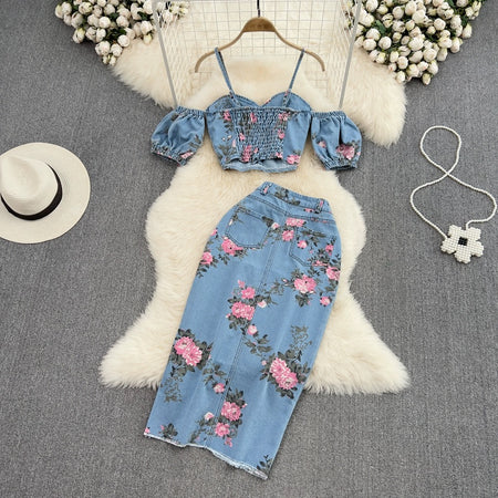 Mimi Denim Floral Co-ord Set - styled flat-lay shot, blue - Miss Mosa By Akanksha