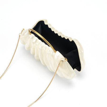 Mimi Hand Bag With Chain - angled shot of open interior, pearl white with black lining - Miss Mosa By Akanksha