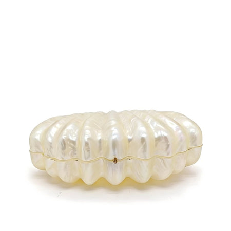 Mimi Hand Bag With Chain - detail shot of scalloped base, pearl white - Miss Mosa By Akanksha