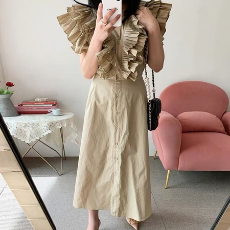 Mimi Ruffled Cotton Dress - front shot on model, beige - Miss Mosa By Akanksha