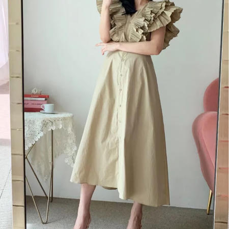 Mimi Ruffled Cotton Dress - side shot on model, beige - Miss Mosa By Akanksha