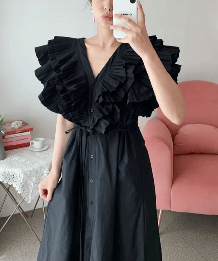 Mimi Ruffled Cotton Dress - front shot on model, black - Miss Mosa By Akanksha