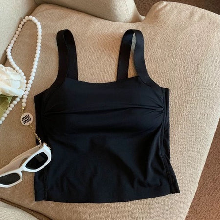 Mimi Seamless Tank Tops with Inbuilt Bra - flat-lay product shot, black - Miss Mosa By Akanksha