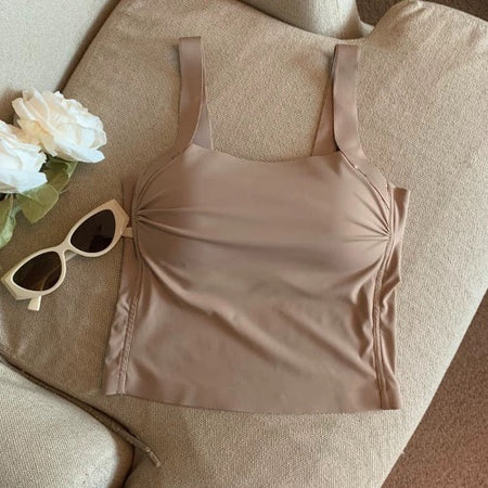 Mimi Seamless Tank Tops with Inbuilt Bra - flat-lay product shot, taupe - Miss Mosa By Akanksha
