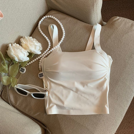 Mimi Seamless Tank Tops with Inbuilt Bra - flat-lay product shot, cream - Miss Mosa By Akanksha