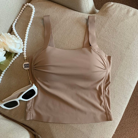 Mimi Seamless Tank Tops with Inbuilt Bra - flat-lay product shot, taupe - Miss Mosa By Akanksha