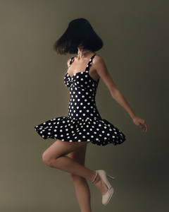 Mindy Balloon Polka Mini Dress - full-length shot, black and white polka dot - Miss Mosa By Akanksha