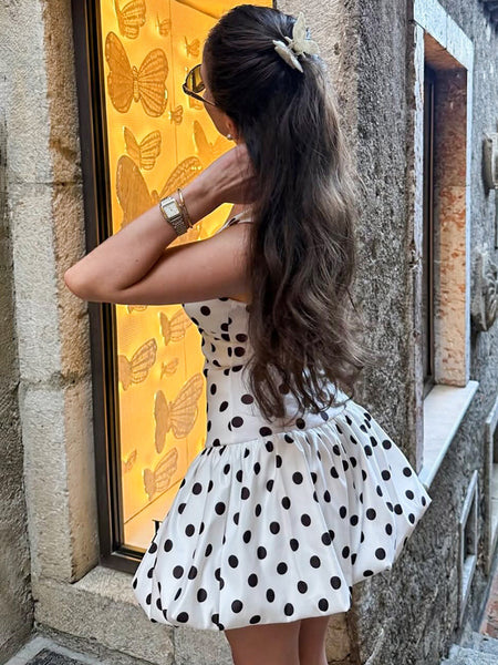 Mindy Balloon Polka Mini Dress - back shot, cream with black polka dot - Miss Mosa By Akanksha