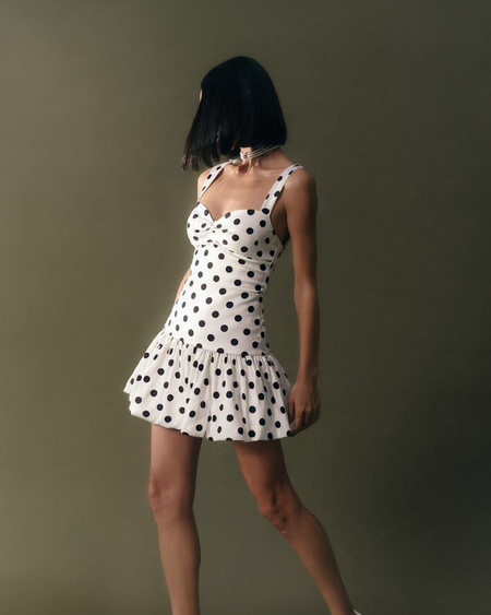 Mindy Balloon Polka Mini Dress - full-length shot, cream with black polka dot - Miss Mosa By Akanksha