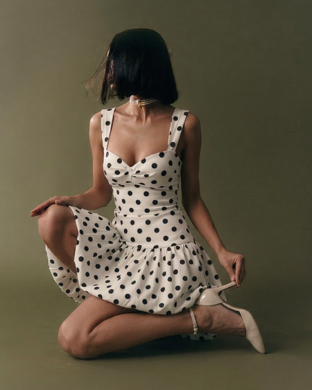Mindy Balloon Polka Mini Dress - seated shot, cream with black polka dot - Miss Mosa By Akanksha