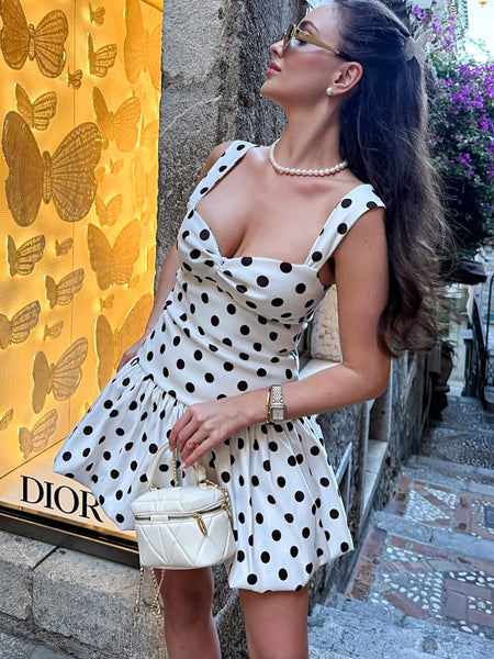Mindy Balloon Polka Mini Dress - styled shot, cream with black polka dot - Miss Mosa By Akanksha