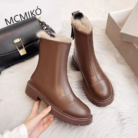 Mindy Fur Ankle Chelsea Boots - flat-lay product shot of two boots, brown - Miss Mosa By Akanksha