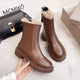 Mindy Fur Ankle Chelsea Boots - flat-lay product shot of two boots, brown - Miss Mosa By Akanksha