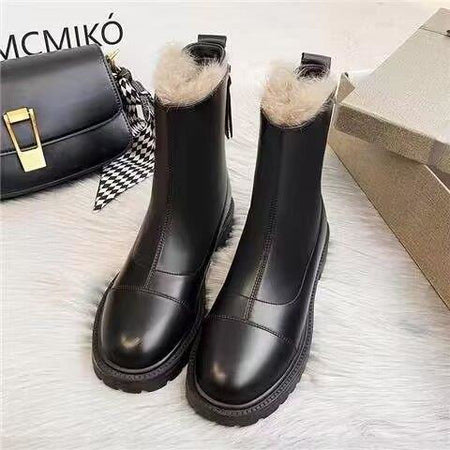 Mindy Fur Ankle Chelsea Boots - flat-lay product shot of two boots, black - Miss Mosa By Akanksha