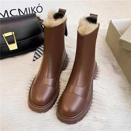 Mindy Fur Ankle Chelsea Boots - flat-lay product shot of two boots, brown - Miss Mosa By Akanksha