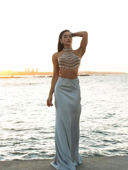 Mio Beads Bralette Top - full-length front shot, silver and clear crystal beaded fringe top with pale blue satin skirt - Miss Mosa By Akanksha