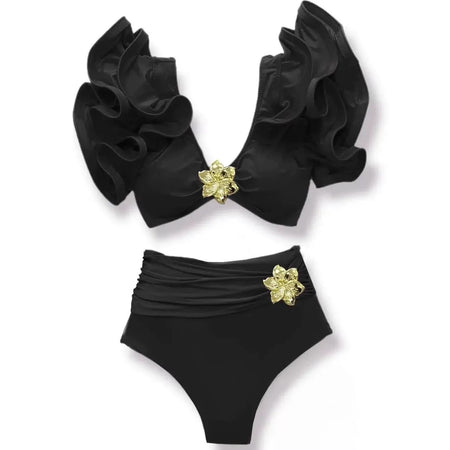 Mira Statement Summer Bikini In Black - flat-lay product shot of the ruffle bikini - Miss Mosa By Akanksha