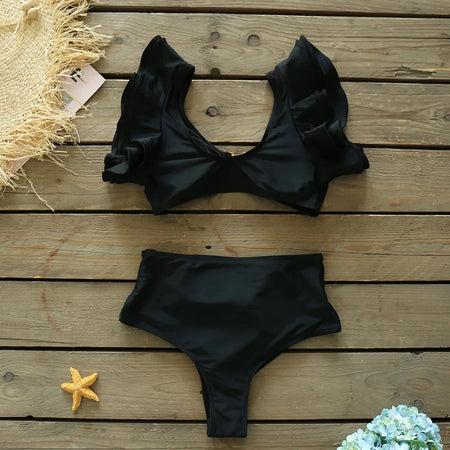 Mira Statement Summer Bikini In Black - flat-lay product shot of the ruffle bikini - Miss Mosa By Akanksha
