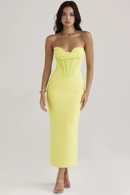 Miranda Corset Midi Dress in Lime - front shot on model, yellow - Miss Mosa By Akanksha