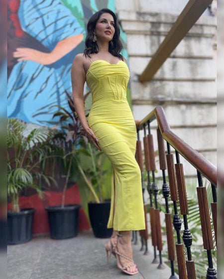 Miranda Corset Midi Dress in Lime - side shot on model, yellow - Miss Mosa By Akanksha