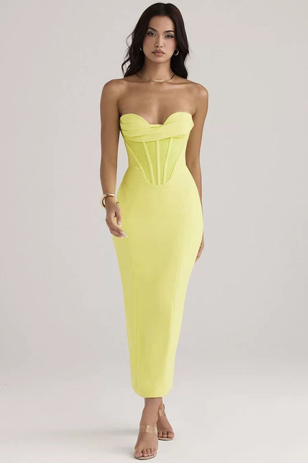 Miranda Corset Midi Dress in Lime - front shot on model, yellow - Miss Mosa By Akanksha