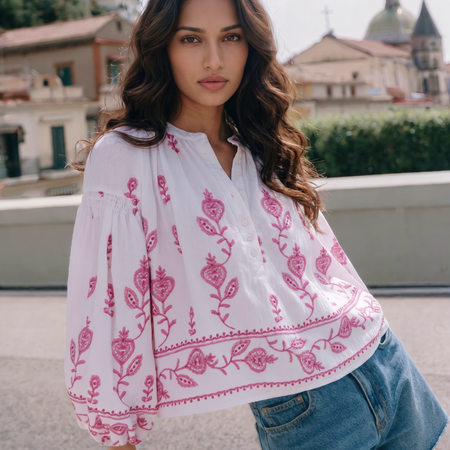 Mirella Embroidered Summer Top - three-quarter shot, white with pink floral embroidery - Miss Mosa By Akanksha