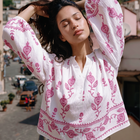 Mirella Embroidered Summer Top - front close-up shot, white with pink floral embroidery - Miss Mosa By Akanksha