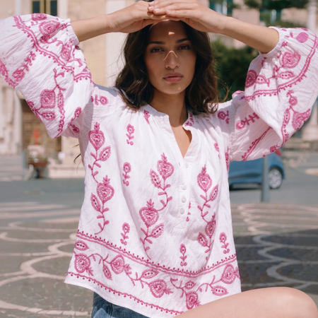 Mirella Embroidered Summer Top - seated shot, white with pink floral embroidery - Miss Mosa By Akanksha